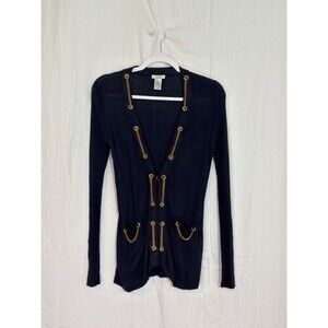 Cache Womens S Cardigan Sweater Navy Blue Gold Chain Nautical Quiet Luxury Knit